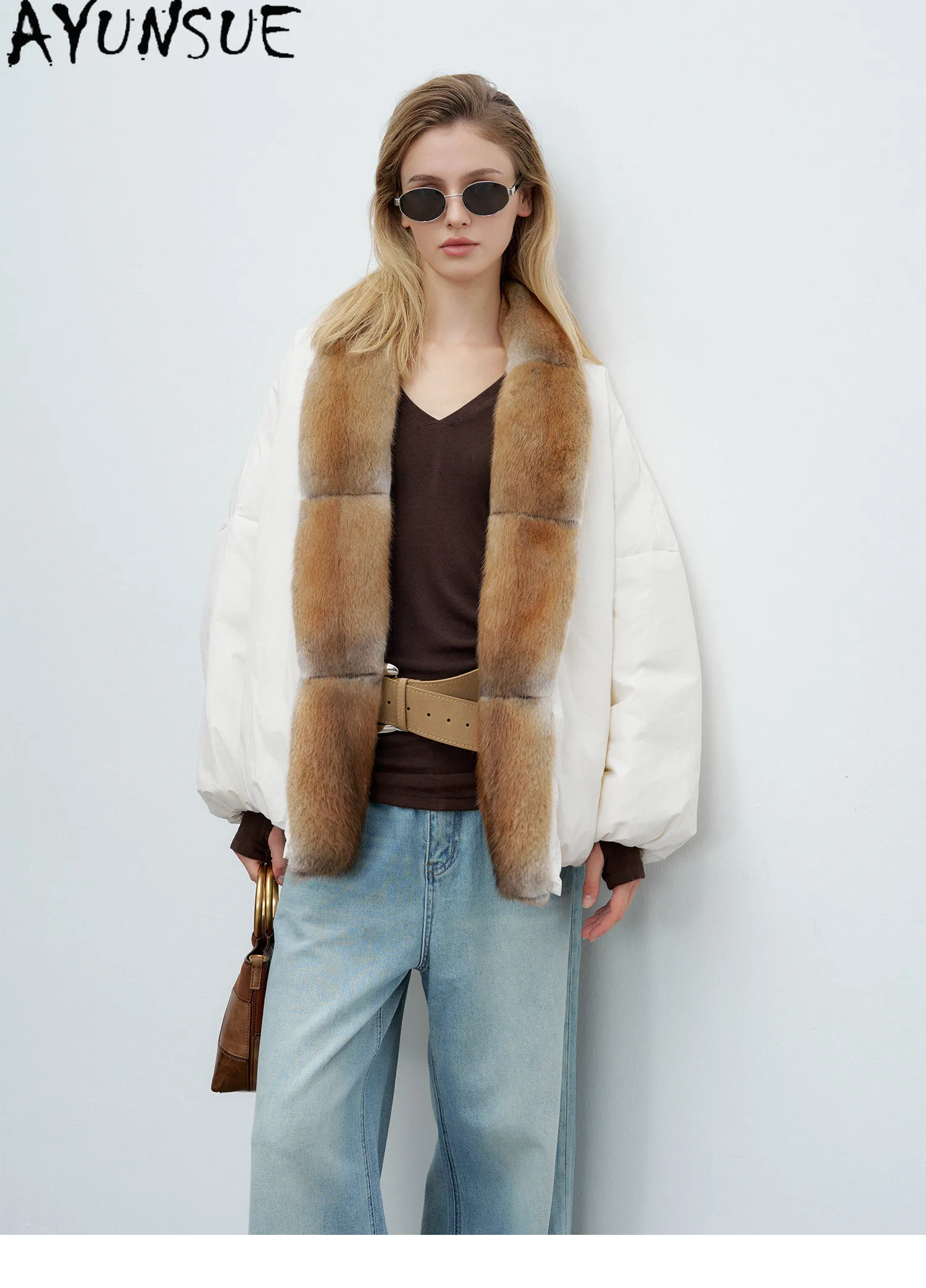 AYUNSUE 90g White Goose Down Coat Woman Clothing Qinggen Mink Fur Collar Winter Jacket Women Fashion Warm Parka Jaqueta Feminina