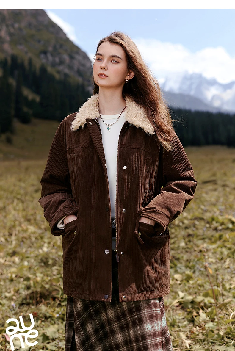 TOYOUTH Women Down Jacket 2026 Winter New Corduroy Teddy Fleece Lapel Drawstring Waist Barnes Style Workwear Outerwear