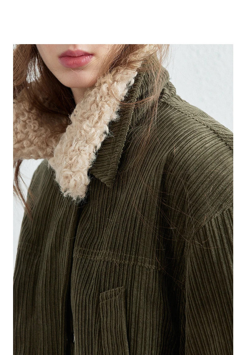 TOYOUTH Women Down Jacket 2026 Winter New Corduroy Teddy Fleece Lapel Drawstring Waist Barnes Style Workwear Outerwear