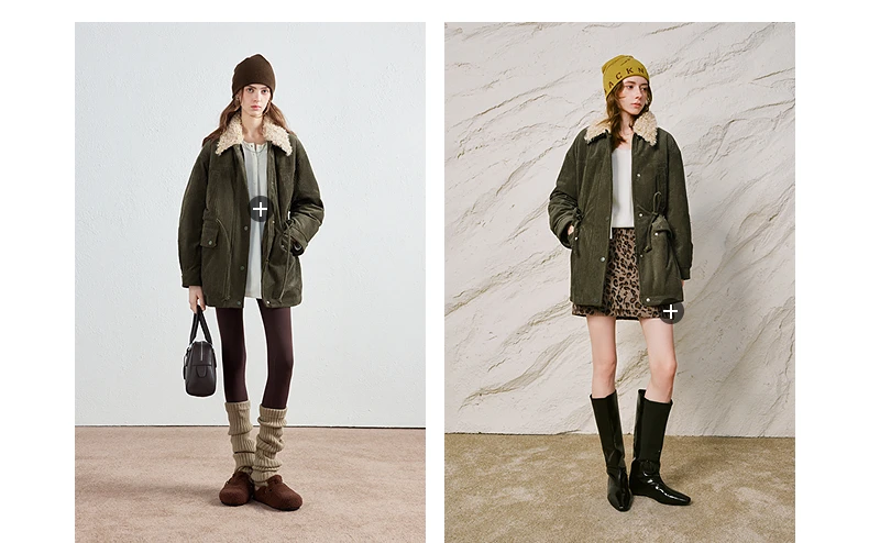 TOYOUTH Women Down Jacket 2026 Winter New Corduroy Teddy Fleece Lapel Drawstring Waist Barnes Style Workwear Outerwear
