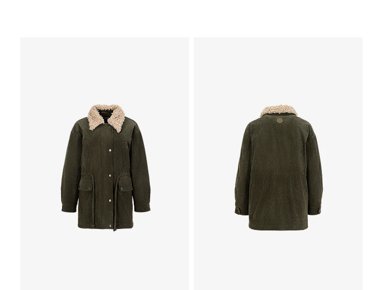 TOYOUTH Women Down Jacket 2026 Winter New Corduroy Teddy Fleece Lapel Drawstring Waist Barnes Style Workwear Outerwear
