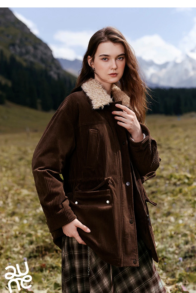 TOYOUTH Women Down Jacket 2026 Winter New Corduroy Teddy Fleece Lapel Drawstring Waist Barnes Style Workwear Outerwear