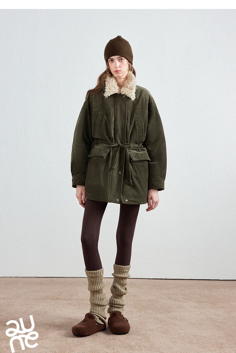 TOYOUTH Women Down Jacket 2026 Winter New Corduroy Teddy Fleece Lapel Drawstring Waist Barnes Style Workwear Outerwear
