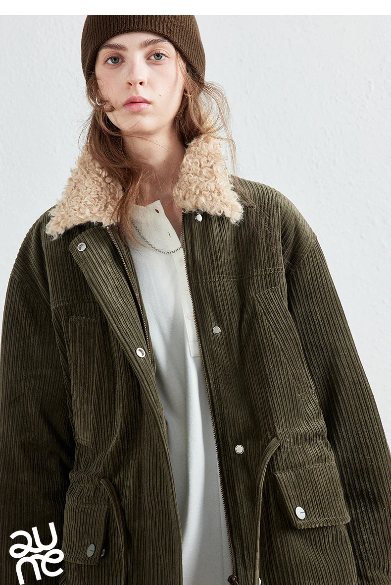 TOYOUTH Women Down Jacket 2026 Winter New Corduroy Teddy Fleece Lapel Drawstring Waist Barnes Style Workwear Outerwear