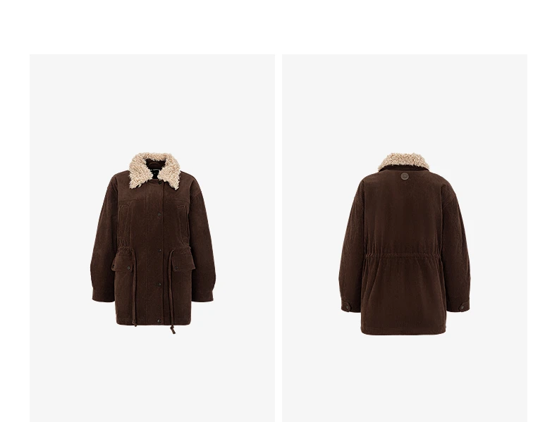 TOYOUTH Women Down Jacket 2026 Winter New Corduroy Teddy Fleece Lapel Drawstring Waist Barnes Style Workwear Outerwear
