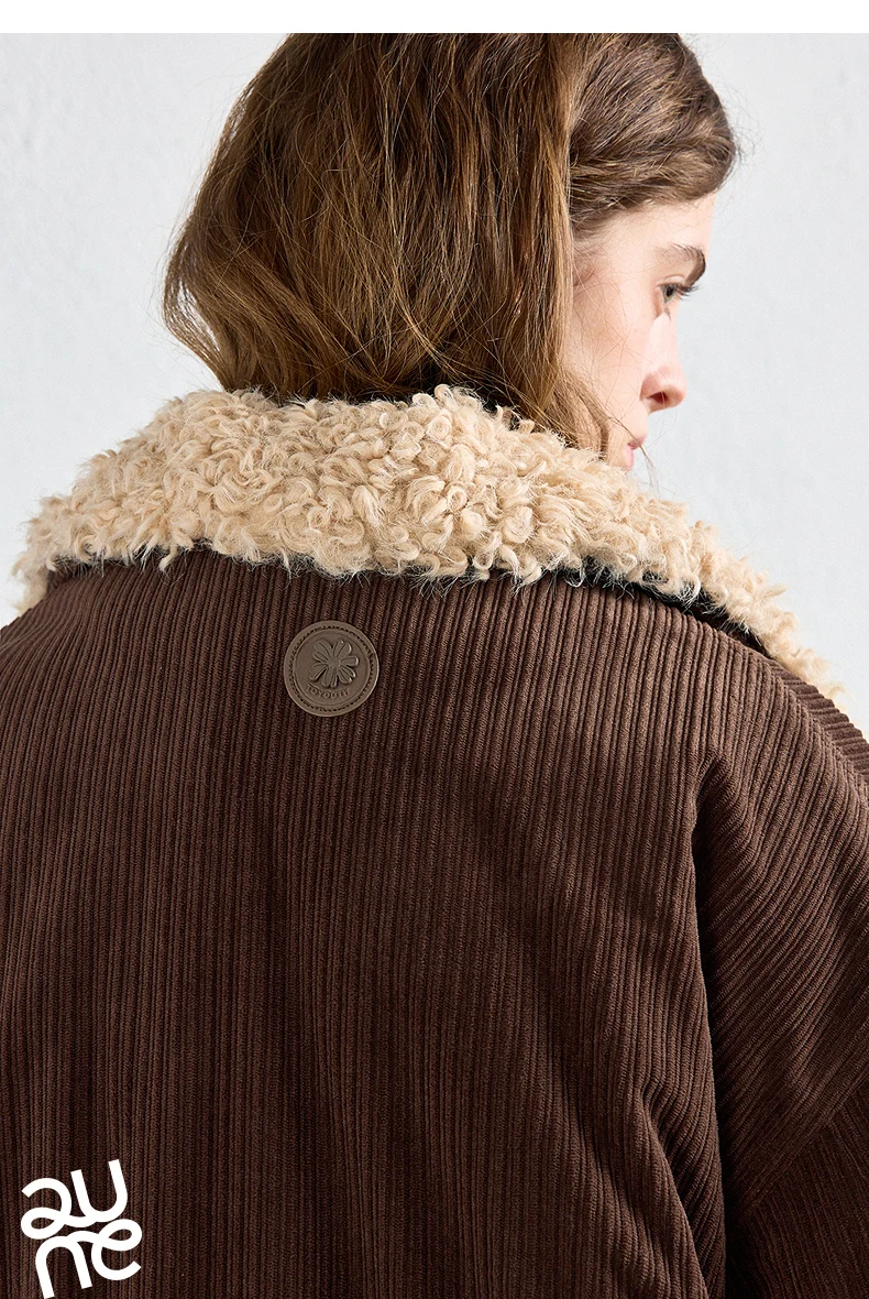 TOYOUTH Women Down Jacket 2026 Winter New Corduroy Teddy Fleece Lapel Drawstring Waist Barnes Style Workwear Outerwear