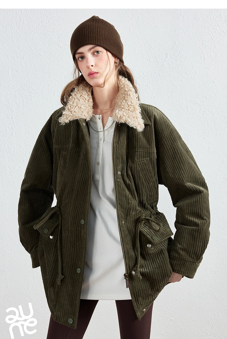TOYOUTH Women Down Jacket 2026 Winter New Corduroy Teddy Fleece Lapel Drawstring Waist Barnes Style Workwear Outerwear