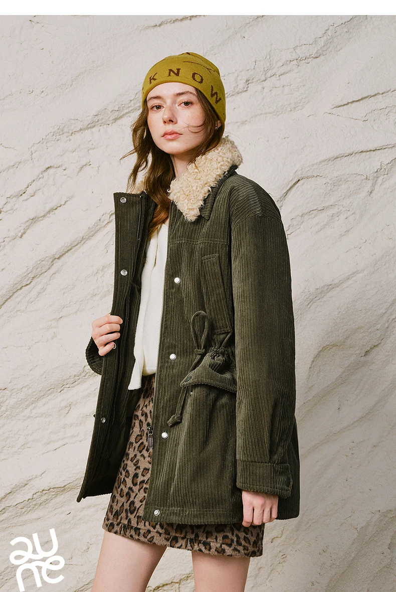 TOYOUTH Women Down Jacket 2026 Winter New Corduroy Teddy Fleece Lapel Drawstring Waist Barnes Style Workwear Outerwear
