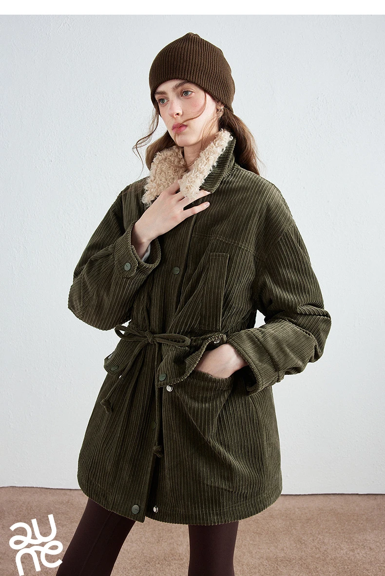 TOYOUTH Women Down Jacket 2026 Winter New Corduroy Teddy Fleece Lapel Drawstring Waist Barnes Style Workwear Outerwear