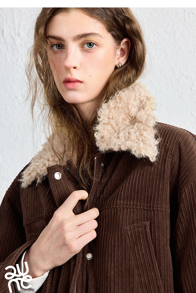 TOYOUTH Women Down Jacket 2026 Winter New Corduroy Teddy Fleece Lapel Drawstring Waist Barnes Style Workwear Outerwear