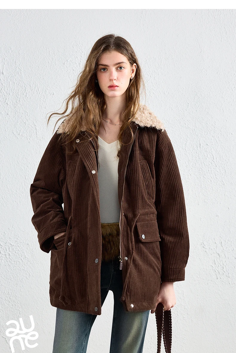 TOYOUTH Women Down Jacket 2026 Winter New Corduroy Teddy Fleece Lapel Drawstring Waist Barnes Style Workwear Outerwear