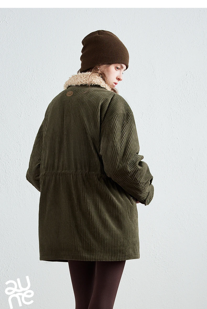 TOYOUTH Women Down Jacket 2026 Winter New Corduroy Teddy Fleece Lapel Drawstring Waist Barnes Style Workwear Outerwear