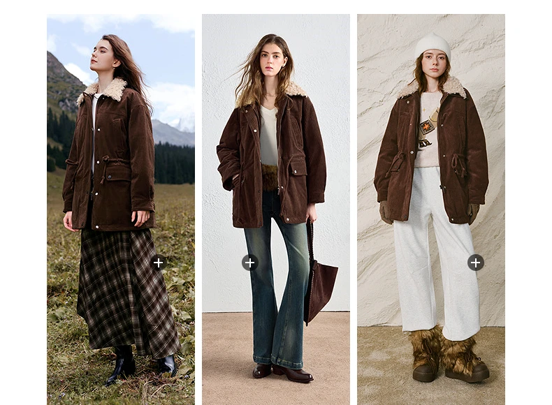 TOYOUTH Women Down Jacket 2026 Winter New Corduroy Teddy Fleece Lapel Drawstring Waist Barnes Style Workwear Outerwear
