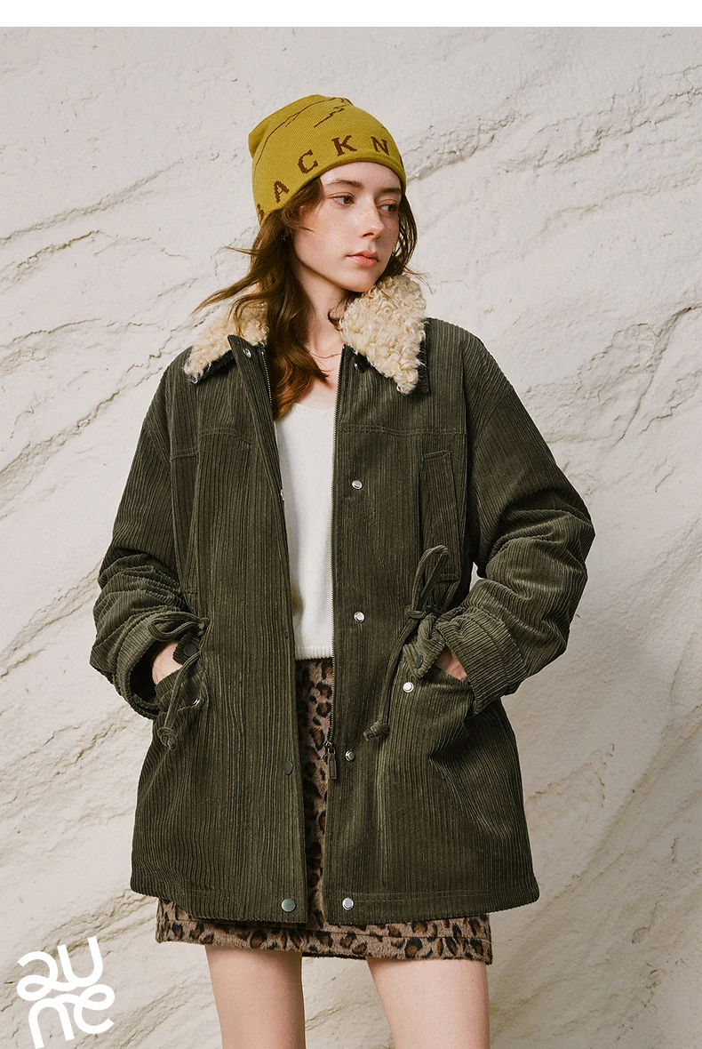 TOYOUTH Women Down Jacket 2026 Winter New Corduroy Teddy Fleece Lapel Drawstring Waist Barnes Style Workwear Outerwear