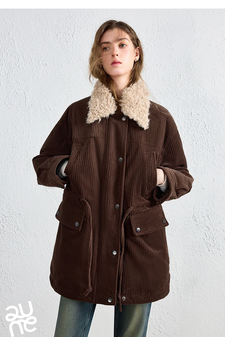 TOYOUTH Women Down Jacket 2026 Winter New Corduroy Teddy Fleece Lapel Drawstring Waist Barnes Style Workwear Outerwear