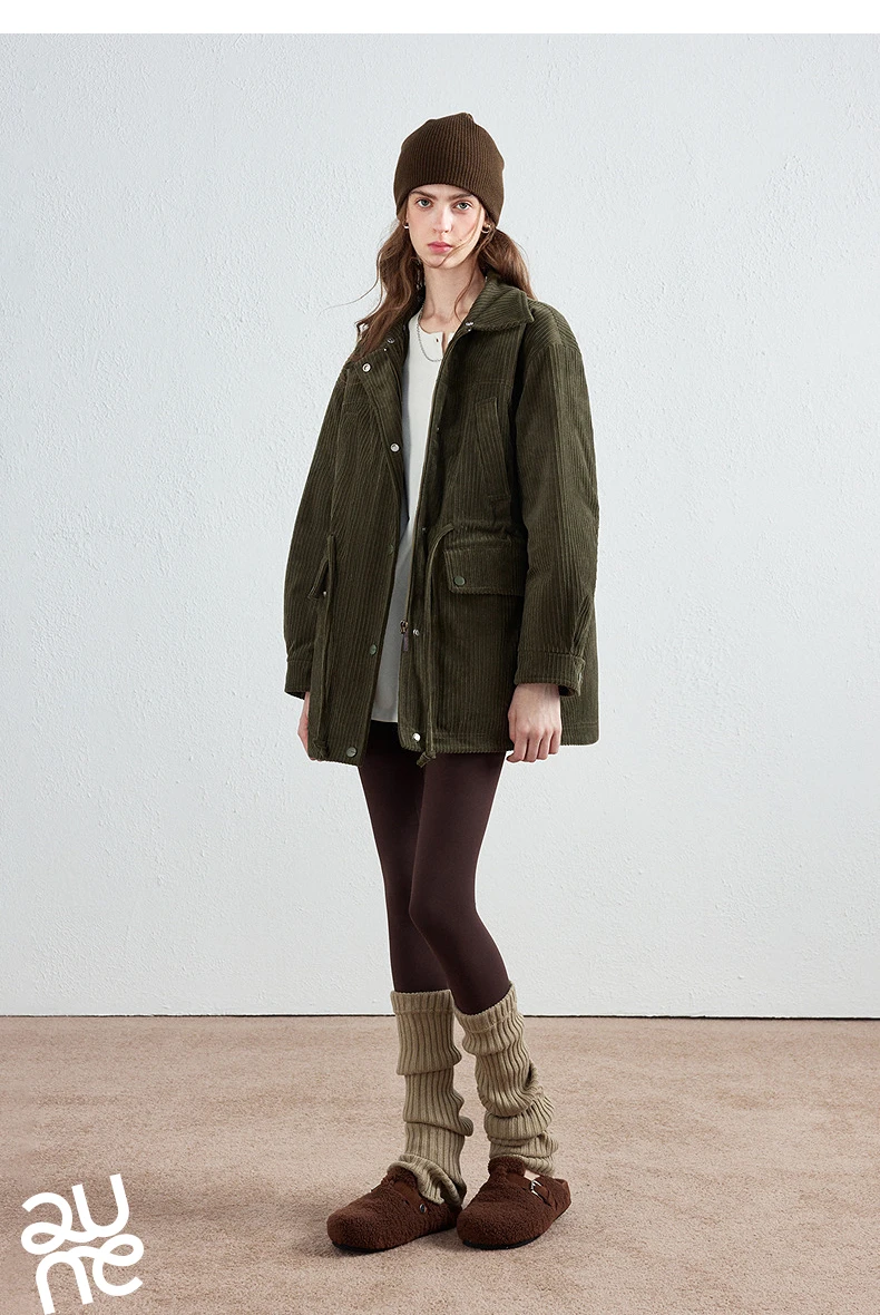TOYOUTH Women Down Jacket 2026 Winter New Corduroy Teddy Fleece Lapel Drawstring Waist Barnes Style Workwear Outerwear