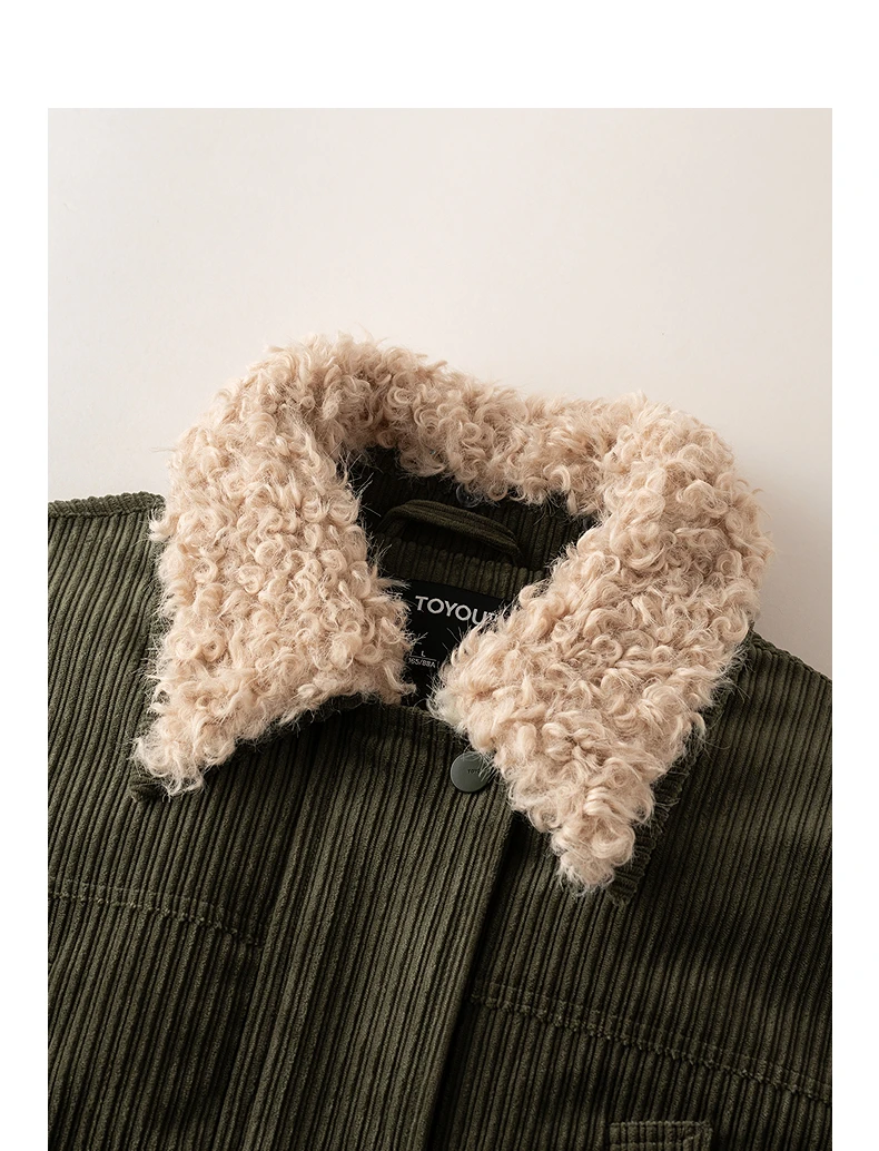 TOYOUTH Women Down Jacket 2026 Winter New Corduroy Teddy Fleece Lapel Drawstring Waist Barnes Style Workwear Outerwear