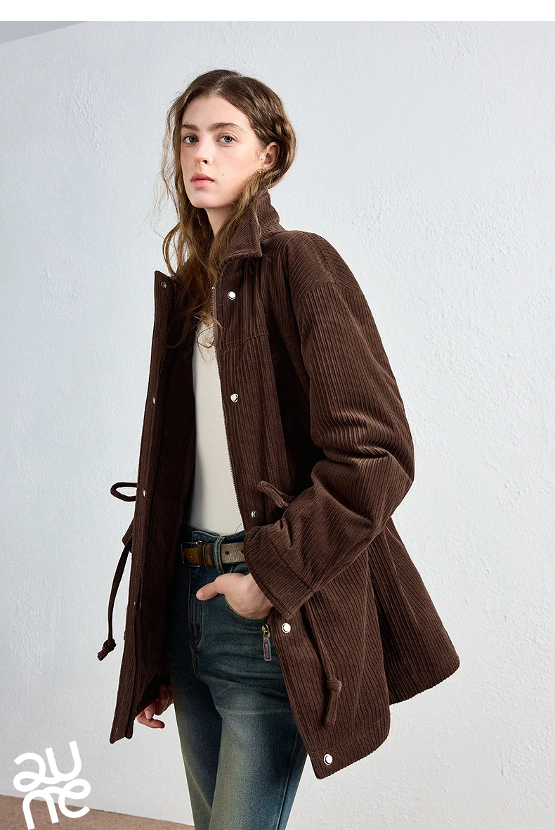 TOYOUTH Women Down Jacket 2026 Winter New Corduroy Teddy Fleece Lapel Drawstring Waist Barnes Style Workwear Outerwear