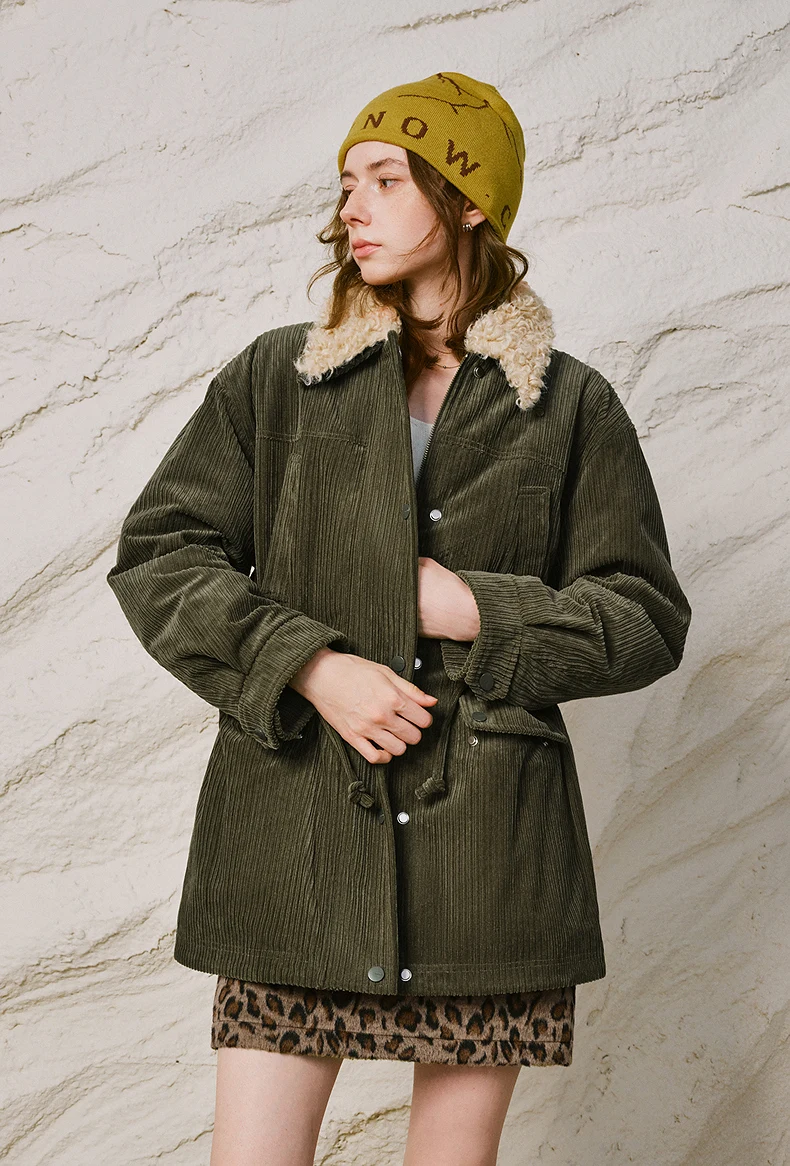TOYOUTH Women Down Jacket 2026 Winter New Corduroy Teddy Fleece Lapel Drawstring Waist Barnes Style Workwear Outerwear