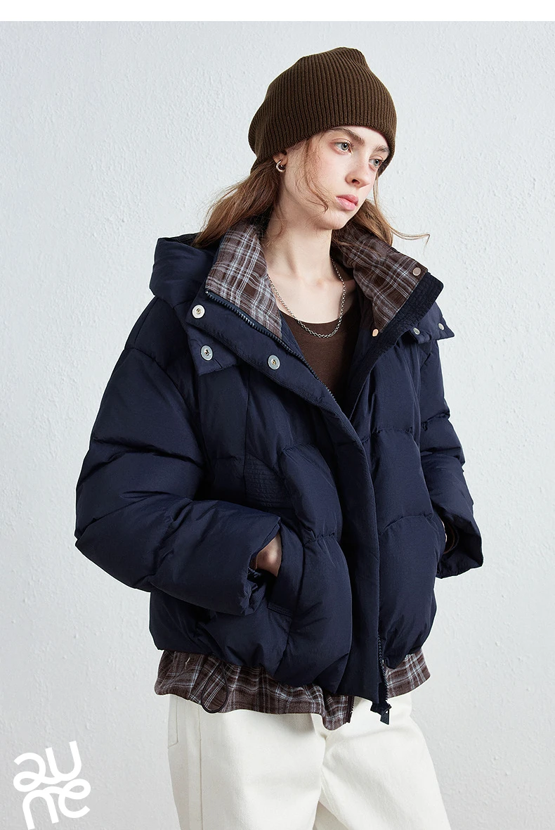 TOYOUTH Women Down Jacket 2026 Winter New Plaid Spliced Quilted 90% White Duck Down Layering Outerwear