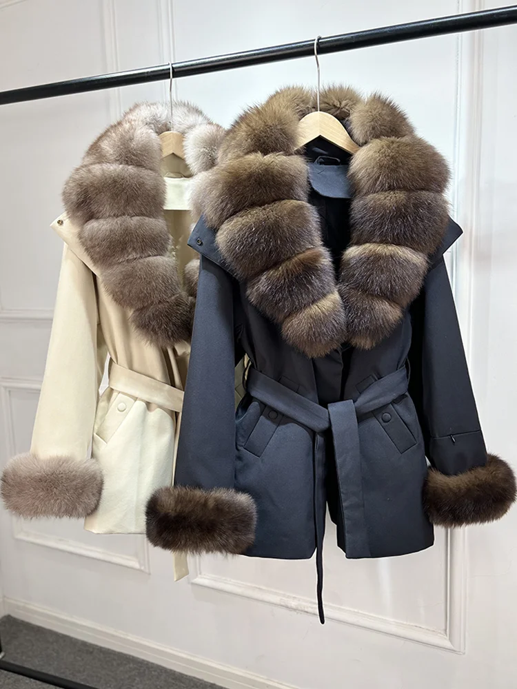 Janveny Luxury Women's Winter Down Jacket 2026 New Large Natural Real Fox Fur Cuff 90% White Duck Down Coat Female Feather Parka