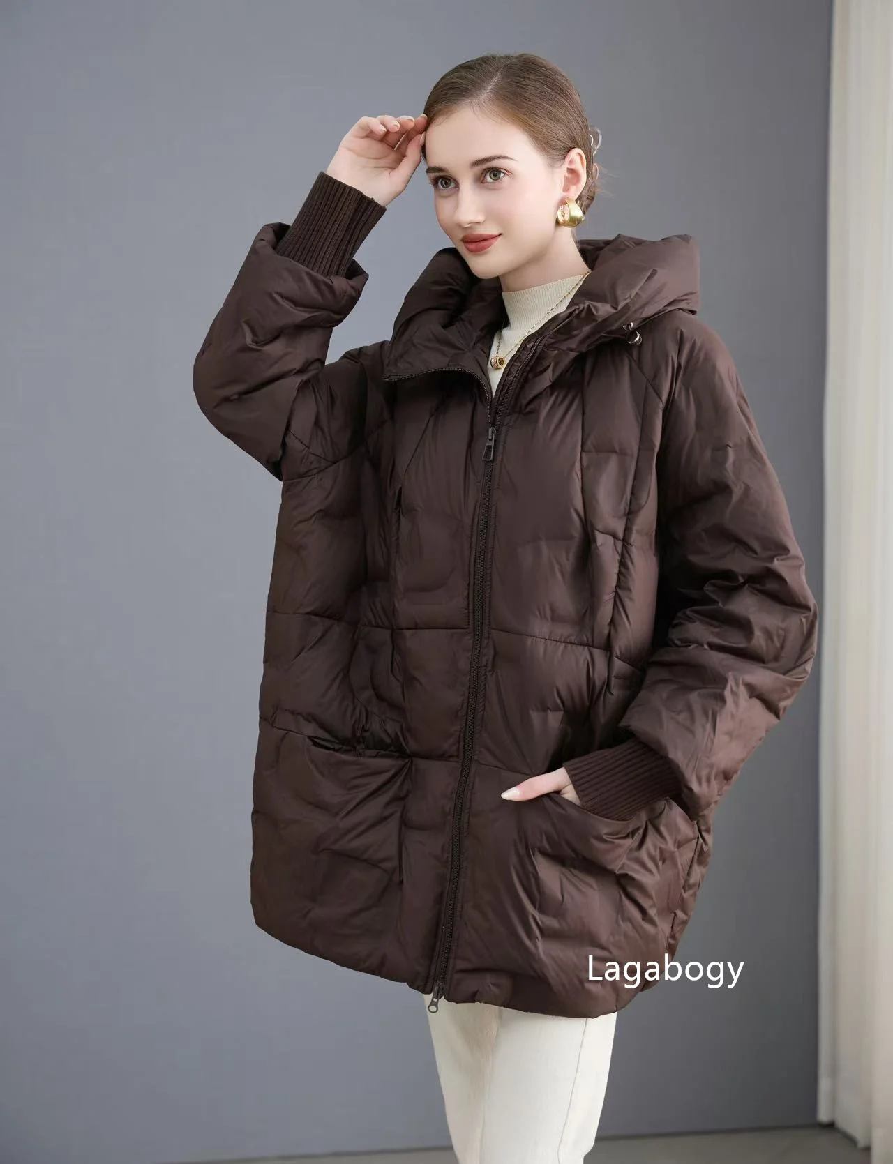 Lagabogy Autumn 2025 Winter Down Jacket Women Casual Loose Oversize White Duck Coat Warm Outerwear Hood Style Coat Office Lady