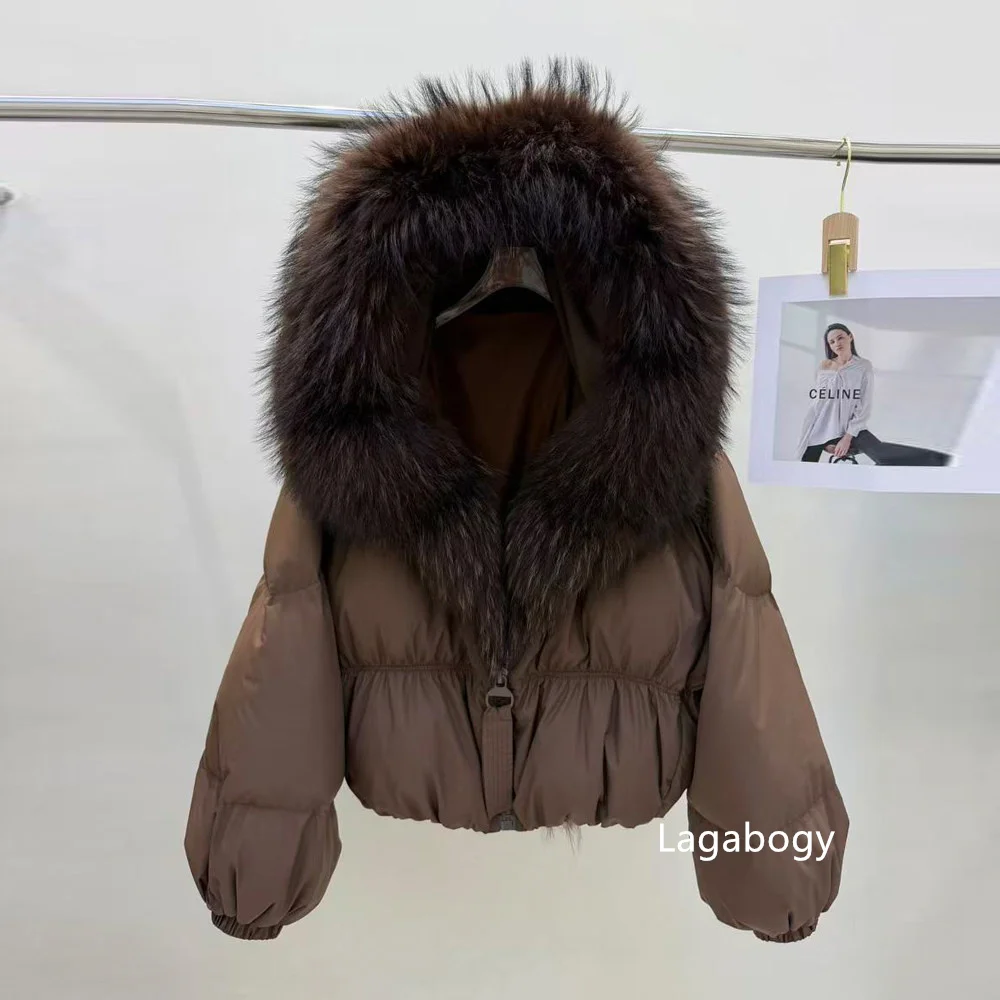 Lagabogy New Fashion Winter Clothes Women Duck Down Coat With Big Natural Fur Collar Hooded Loose Puffer Jacket Female