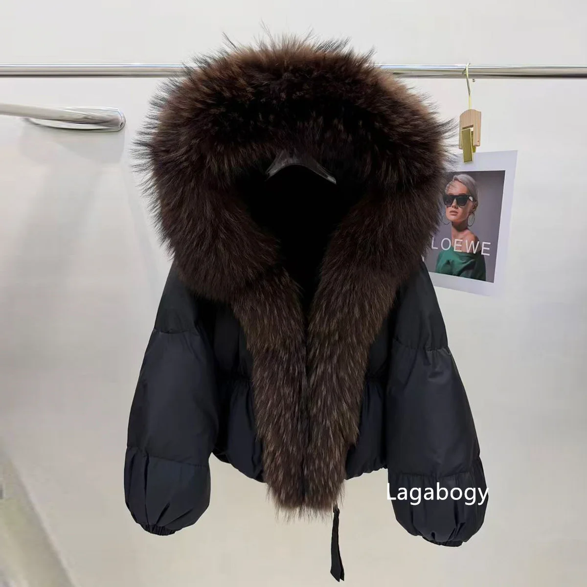 Lagabogy New Fashion Winter Clothes Women Duck Down Coat With Big Natural Fur Collar Hooded Loose Puffer Jacket Female