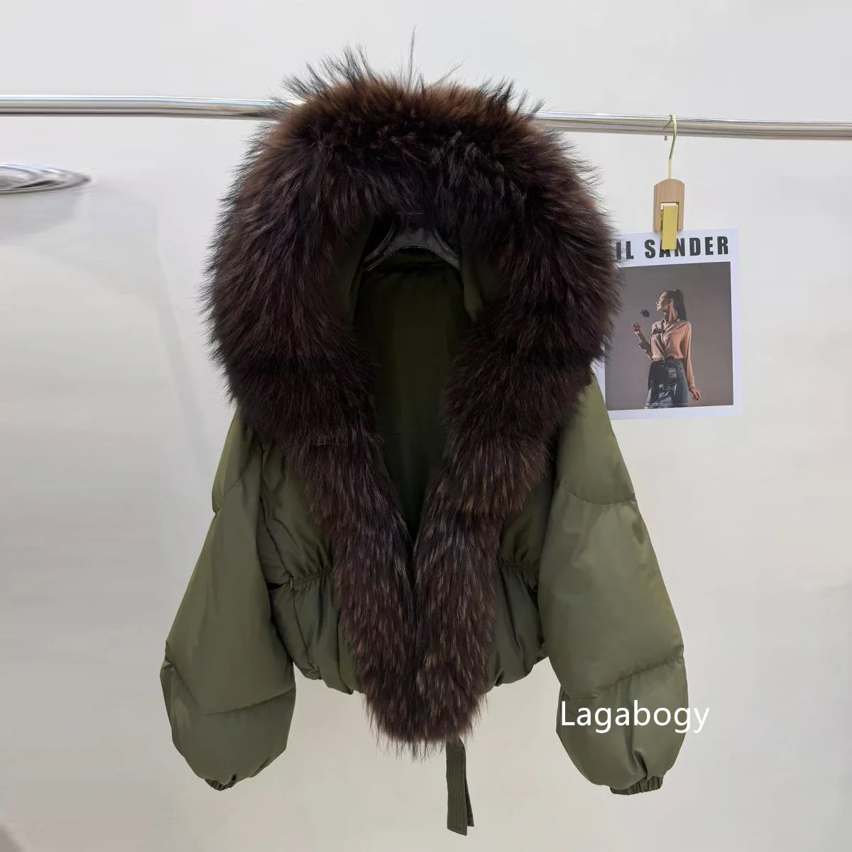 Lagabogy New Fashion Winter Clothes Women Duck Down Coat With Big Natural Fur Collar Hooded Loose Puffer Jacket Female