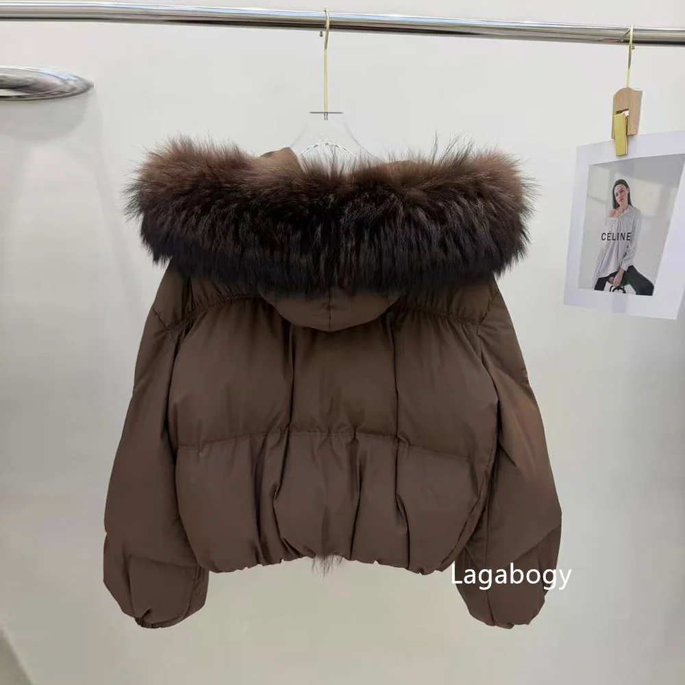 Lagabogy New Fashion Winter Clothes Women Duck Down Coat With Big Natural Fur Collar Hooded Loose Puffer Jacket Female