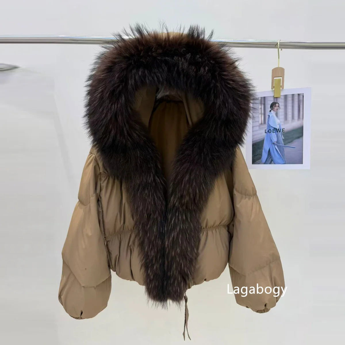 Lagabogy New Fashion Winter Clothes Women Duck Down Coat With Big Natural Fur Collar Hooded Loose Puffer Jacket Female