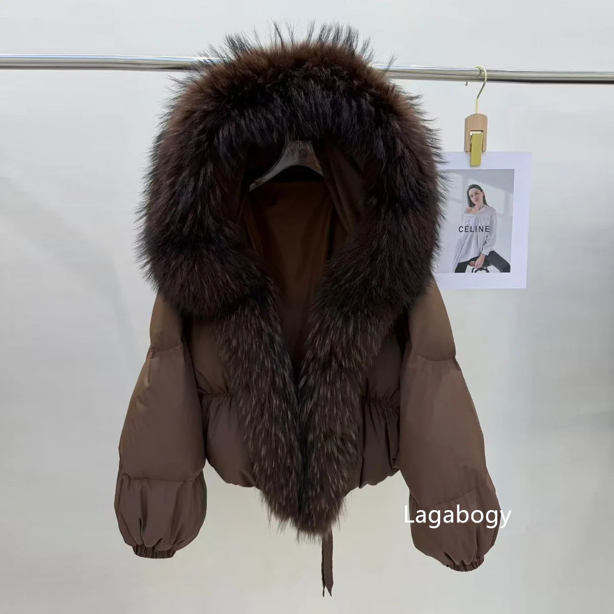 Lagabogy New Fashion Winter Clothes Women Duck Down Coat With Big Natural Fur Collar Hooded Loose Puffer Jacket Female