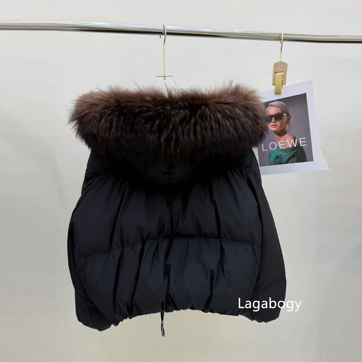 Lagabogy New Fashion Winter Clothes Women Duck Down Coat With Big Natural Fur Collar Hooded Loose Puffer Jacket Female