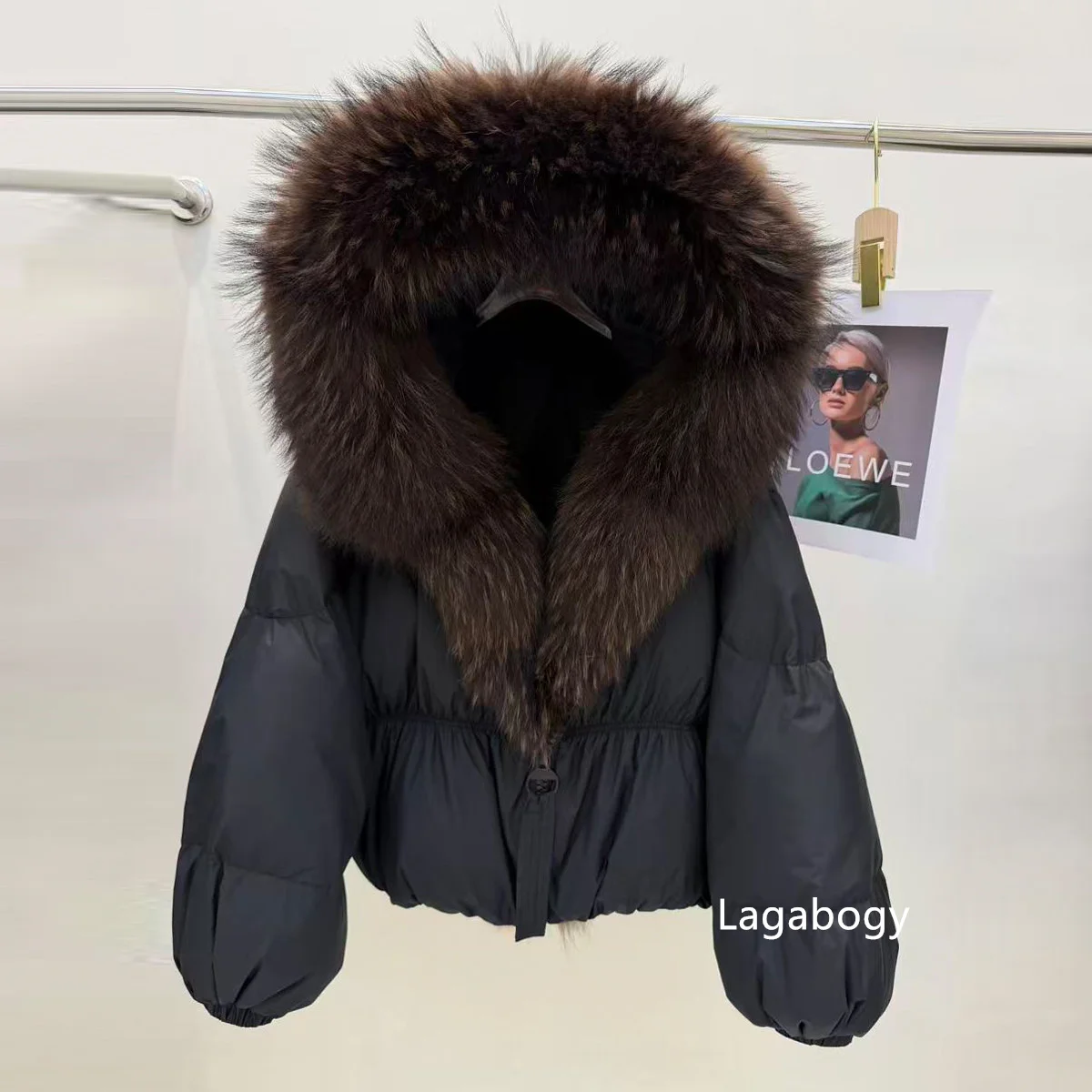 Lagabogy New Fashion Winter Clothes Women Duck Down Coat With Big Natural Fur Collar Hooded Loose Puffer Jacket Female