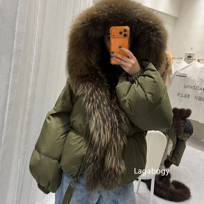 Lagabogy New Fashion Winter Clothes Women Duck Down Coat With Big Natural Fur Collar Hooded Loose Puffer Jacket Female