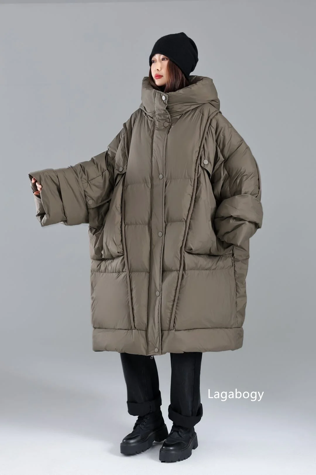 Lagabogy 2026 Loose Long Puffer Jacket Winter Women Hooded White Duck Down Coat Thick Female Parka Snow Fluffy Warm Outwear New