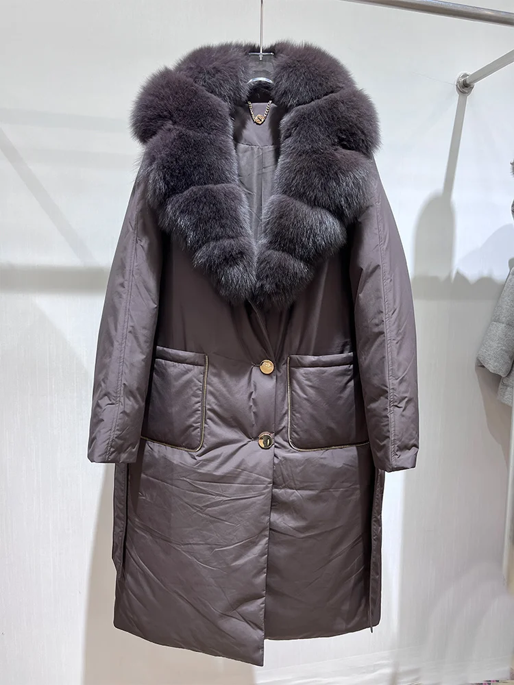2025 Winter Fashion Women Long Coats Filling White Goose Down Jacket Natural Real Fox Fur Suit Collar Luxury Thick Warm Jacket