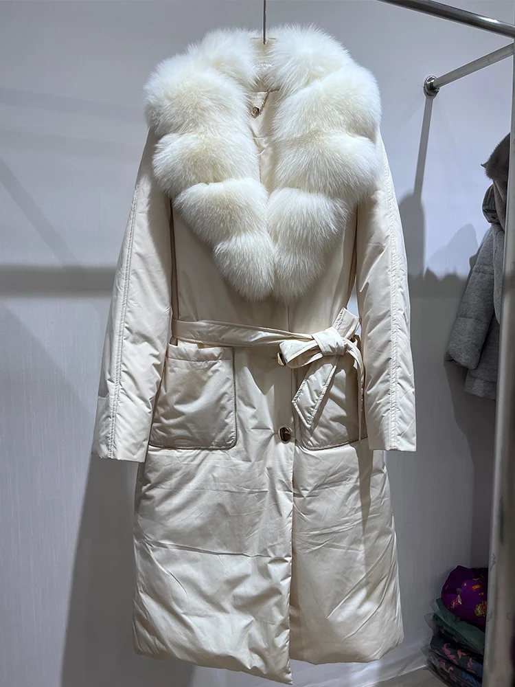 2025 Winter Fashion Women Long Coats Filling White Goose Down Jacket Natural Real Fox Fur Suit Collar Luxury Thick Warm Jacket