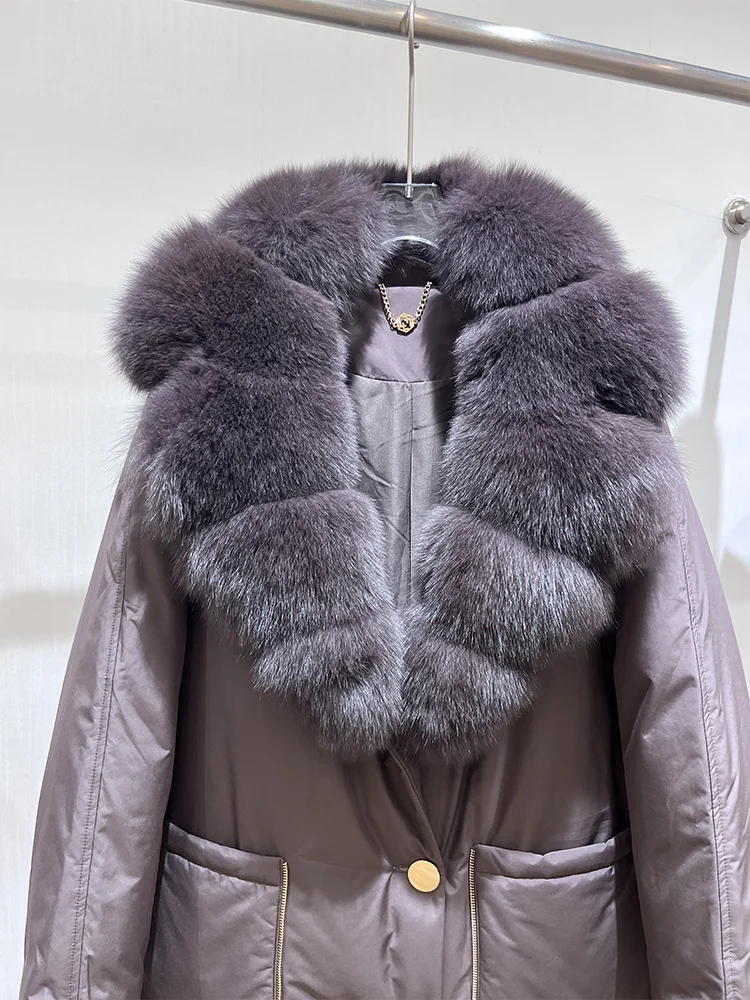 2025 Winter Fashion Women Long Coats Filling White Goose Down Jacket Natural Real Fox Fur Suit Collar Luxury Thick Warm Jacket