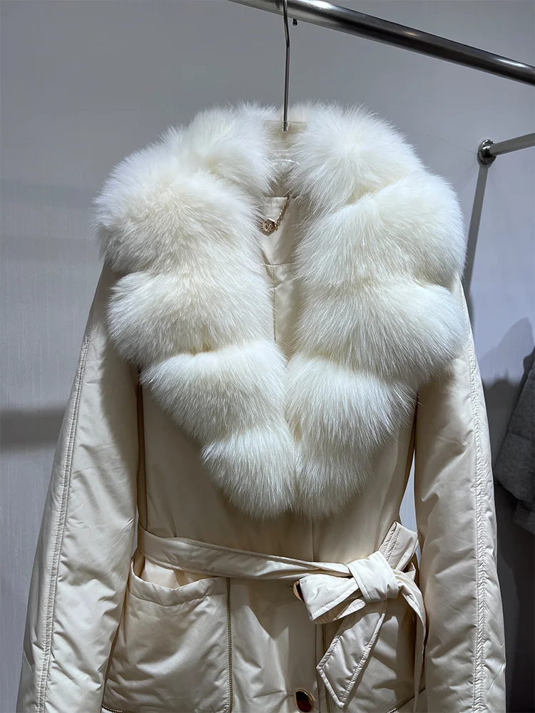 2025 Winter Fashion Women Long Coats Filling White Goose Down Jacket Natural Real Fox Fur Suit Collar Luxury Thick Warm Jacket