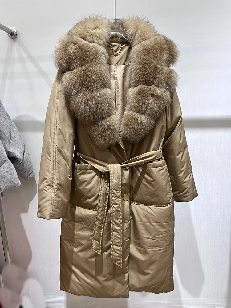 2025 Winter Fashion Women Long Coats Filling White Goose Down Jacket Natural Real Fox Fur Suit Collar Luxury Thick Warm Jacket
