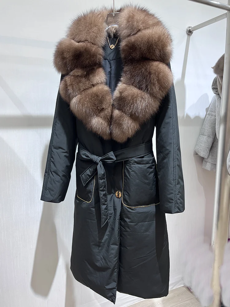 2025 Winter Fashion Women Long Coats Filling White Goose Down Jacket Natural Real Fox Fur Suit Collar Luxury Thick Warm Jacket