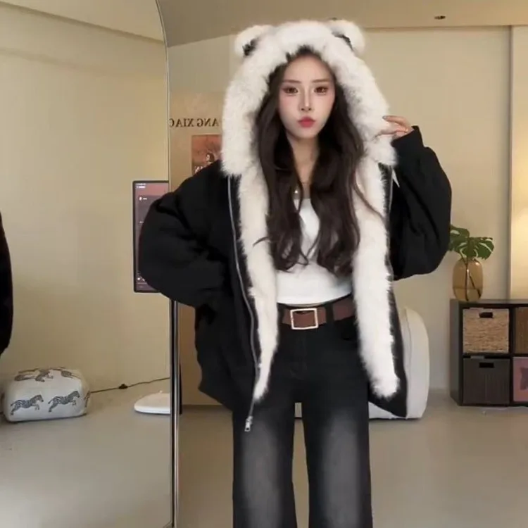 American Vintage Cat Ears Furry Hooded Coat Women Y2k Harajuku Loose Jacket Winter Retro Fashion Long Sleeve Warm Outwear New