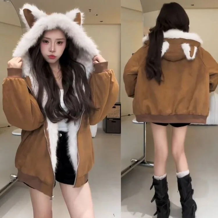 American Vintage Cat Ears Furry Hooded Coat Women Y2k Harajuku Loose Jacket Winter Retro Fashion Long Sleeve Warm Outwear New
