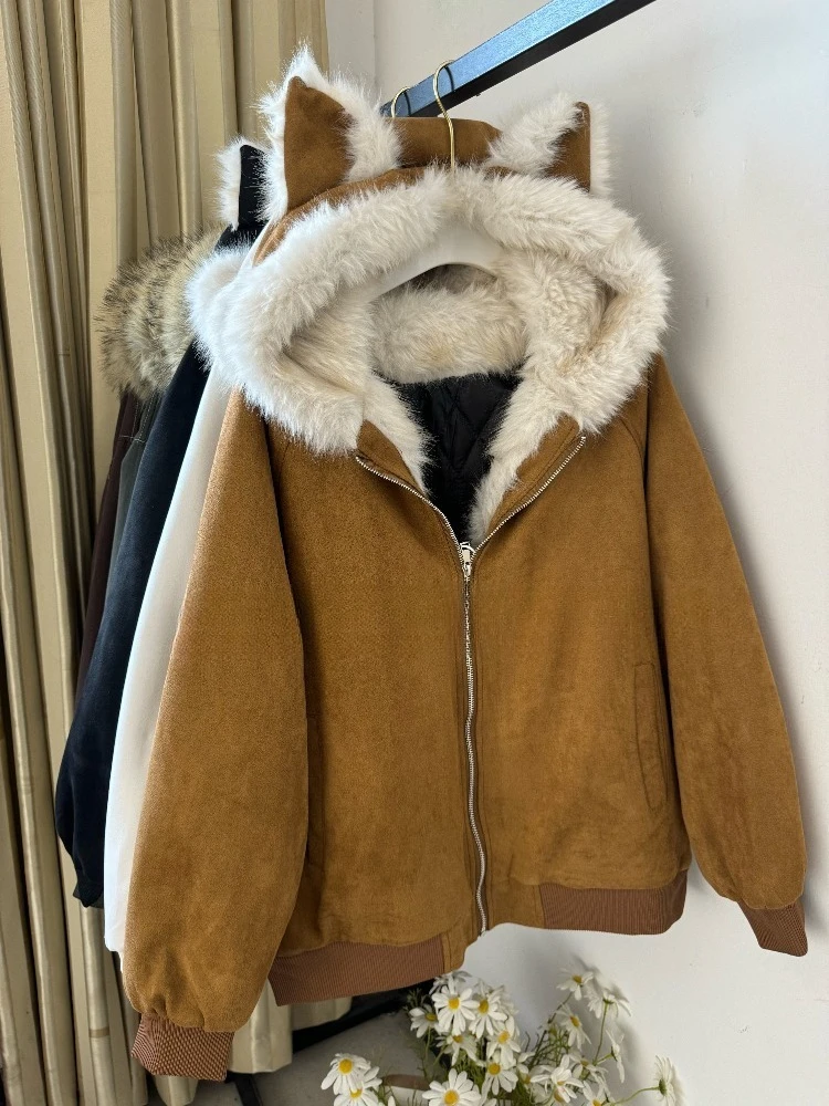 American Vintage Cat Ears Furry Hooded Coat Women Y2k Harajuku Loose Jacket Winter Retro Fashion Long Sleeve Warm Outwear New