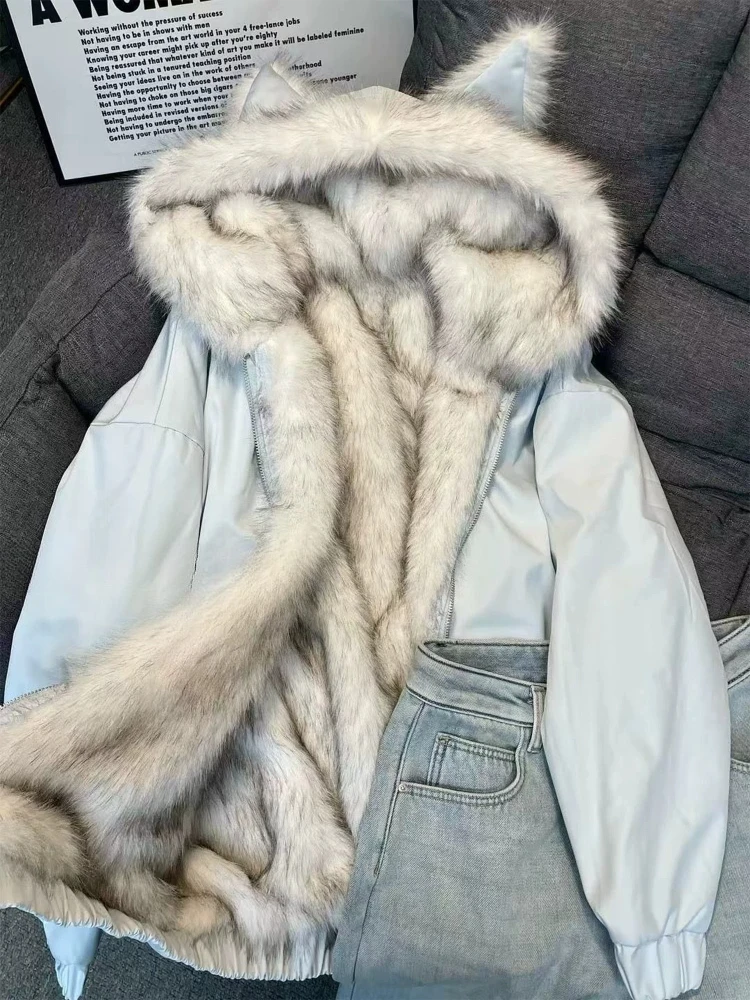 Korean Sweet Hot Girl Two Way Wear Cat Ear Design Hooded Coat Women Y2k Vintage Loose Down Jacket Winter Casual Warm Outerwear