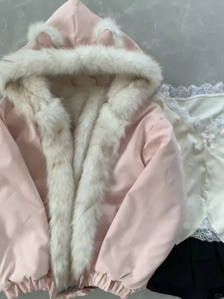 Sweet Cute Faux Fur Hooded Coat Women Y2k Aesthetics Cat Ear Design Loose Outwear Winter Casual Kawaii Fashion Warm Jacket New