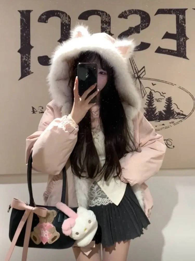 Sweet Cute Faux Fur Hooded Coat Women Y2k Aesthetics Cat Ear Design Loose Outwear Winter Casual Kawaii Fashion Warm Jacket New