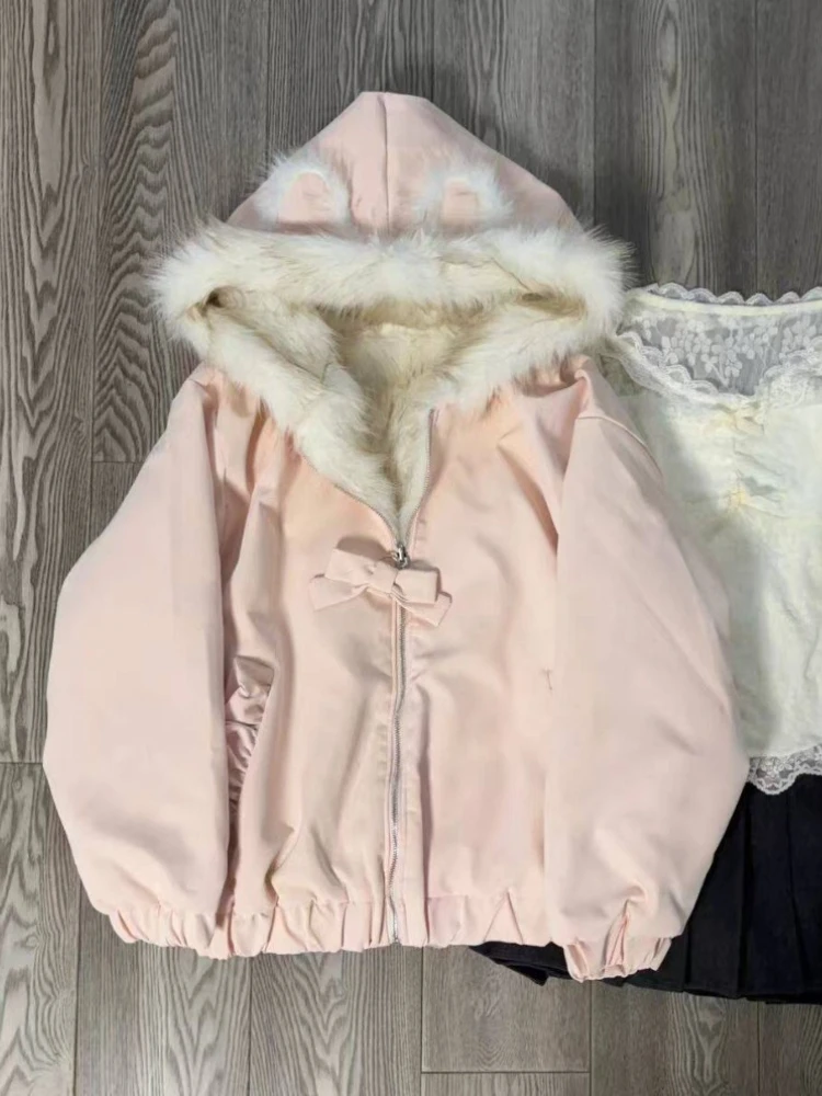 Sweet Cute Faux Fur Hooded Coat Women Y2k Aesthetics Cat Ear Design Loose Outwear Winter Casual Kawaii Fashion Warm Jacket New