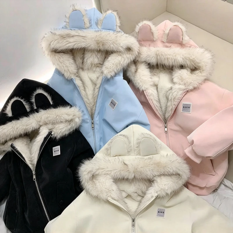Korean Sweet Plush Rabbit Ear Decor Hooded Coat Women Vintage Aesthetic Loose Outwear Winter Casual Warm Long Sleeve Jacket New